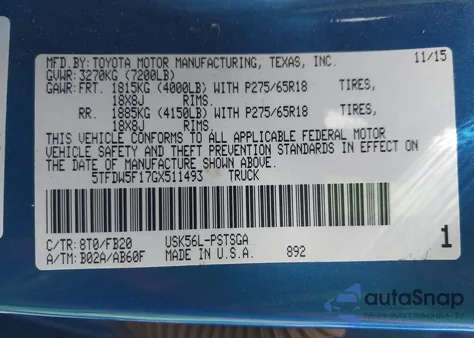 2016 Toyota Tundra Sr5 5.7L V8 z USA, uszkodzony, nr VIN 5TFDW5F17GX511493